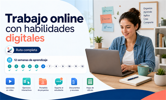 Estudiante realizando un curso para trabajar online con habilidades digitales